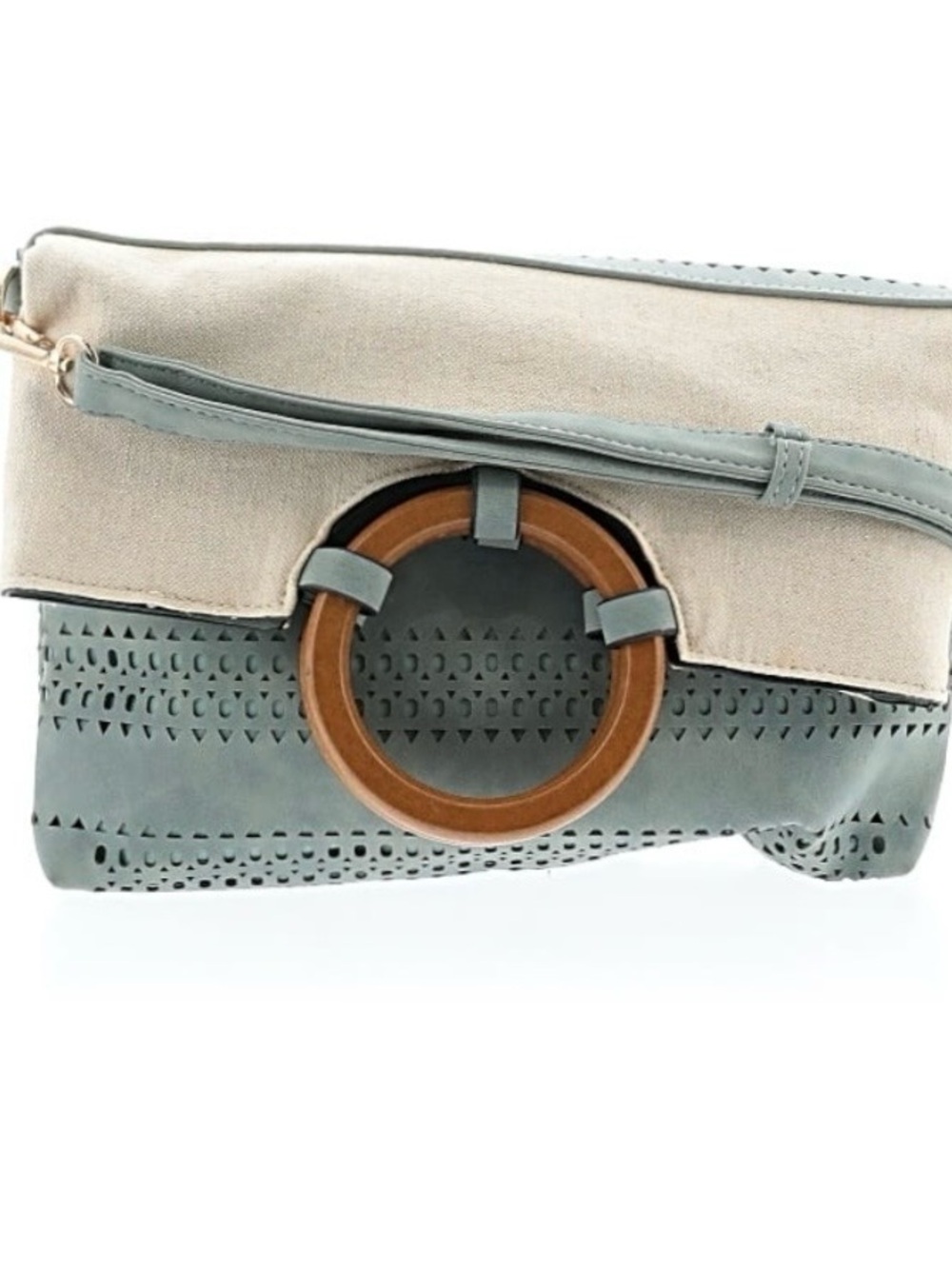 Two-Tone Beige and Sage Green Wristlet Clutch with Wooden Ring